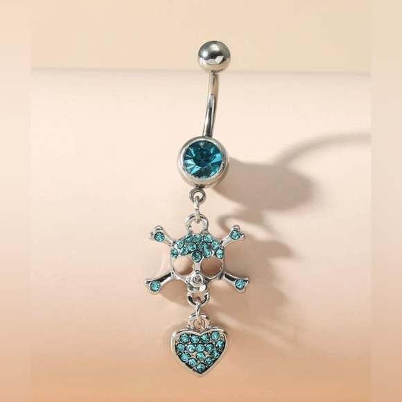 14g Skull & Crossbones Belly Ring with Blue CZ- Surgical Stainless Steel NWT - Picture 4 of 13
